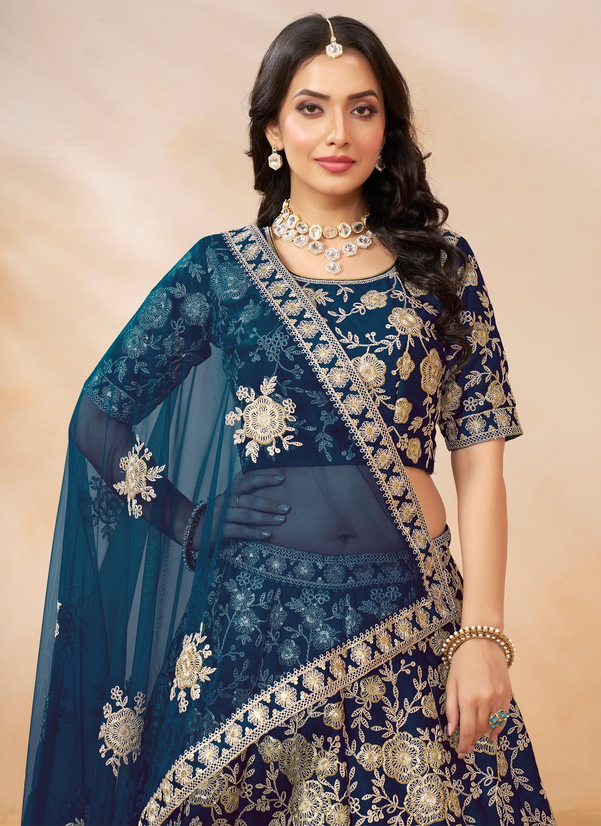 Embroidered Work Silk Designer Lehenga Choli In Navy Blue