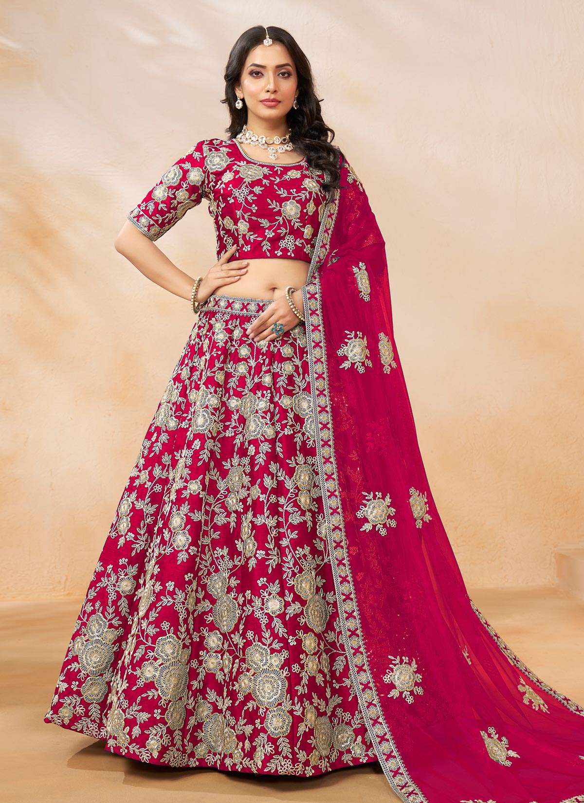 Resham Work Silk Trendy Lehenga Choli In Rose Pink For Women