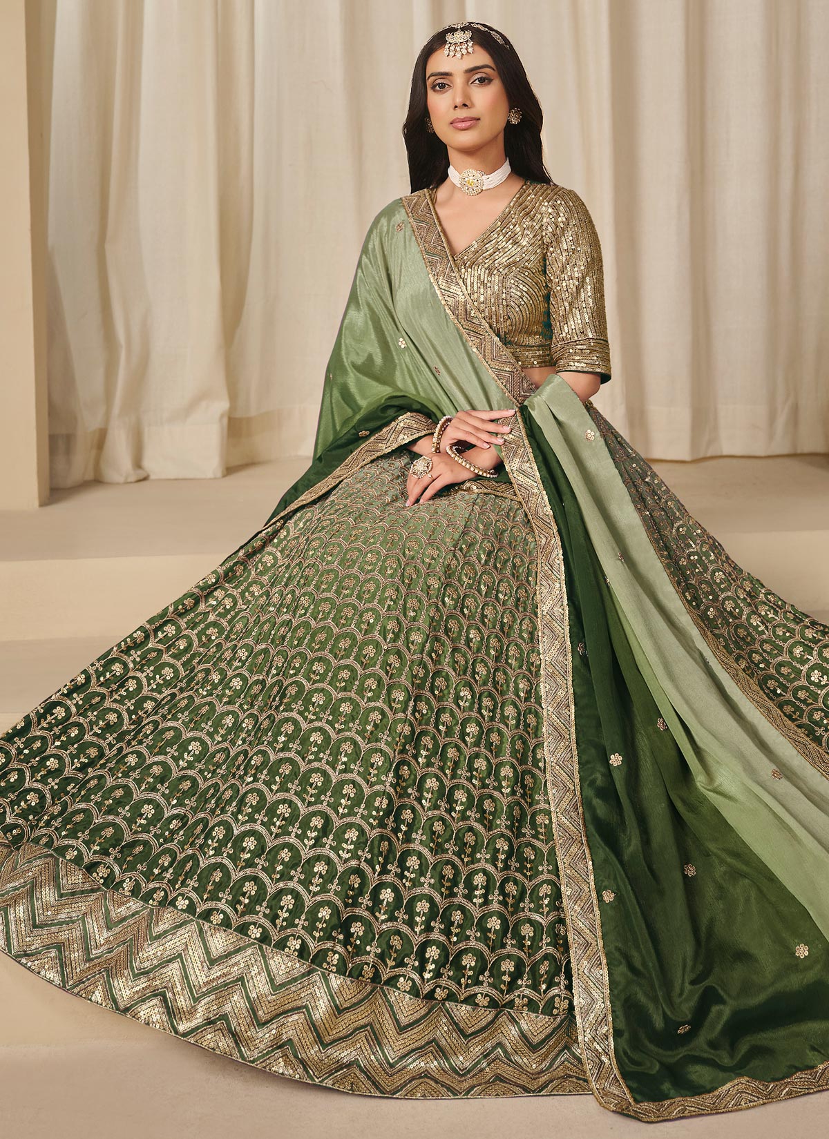 Green Chinon Silk Designer Lehenga Choli With Embroidered Work