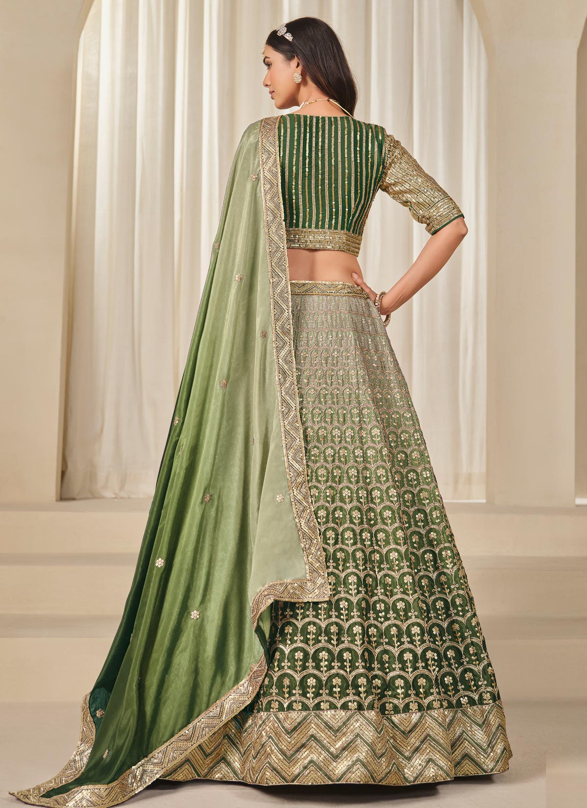 Green Chinon Silk Designer Lehenga Choli With Embroidered Work