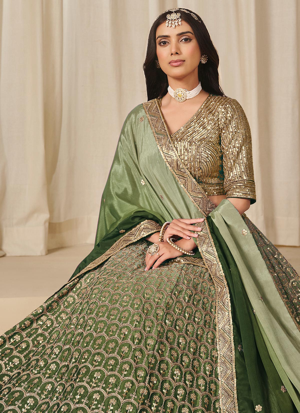 Green Chinon Silk Designer Lehenga Choli With Embroidered Work