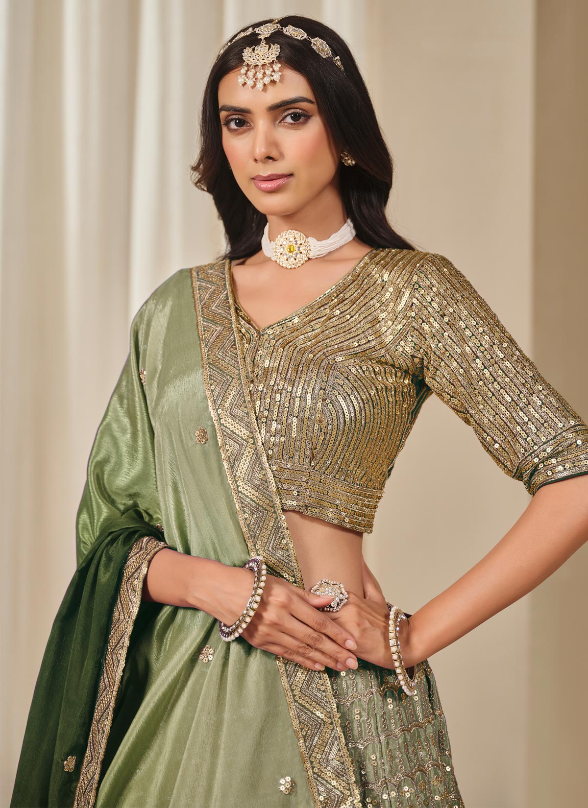 Green Chinon Silk Designer Lehenga Choli With Embroidered Work