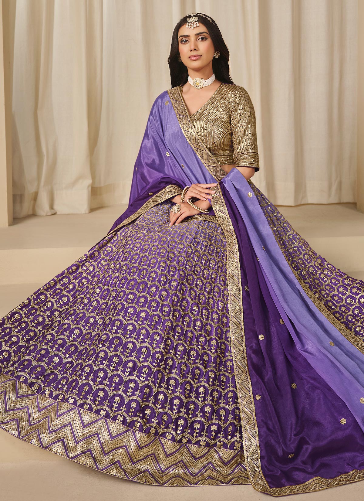 Violet Chinon Silk Designer Lehenga Choli With Embroidered Work For Party