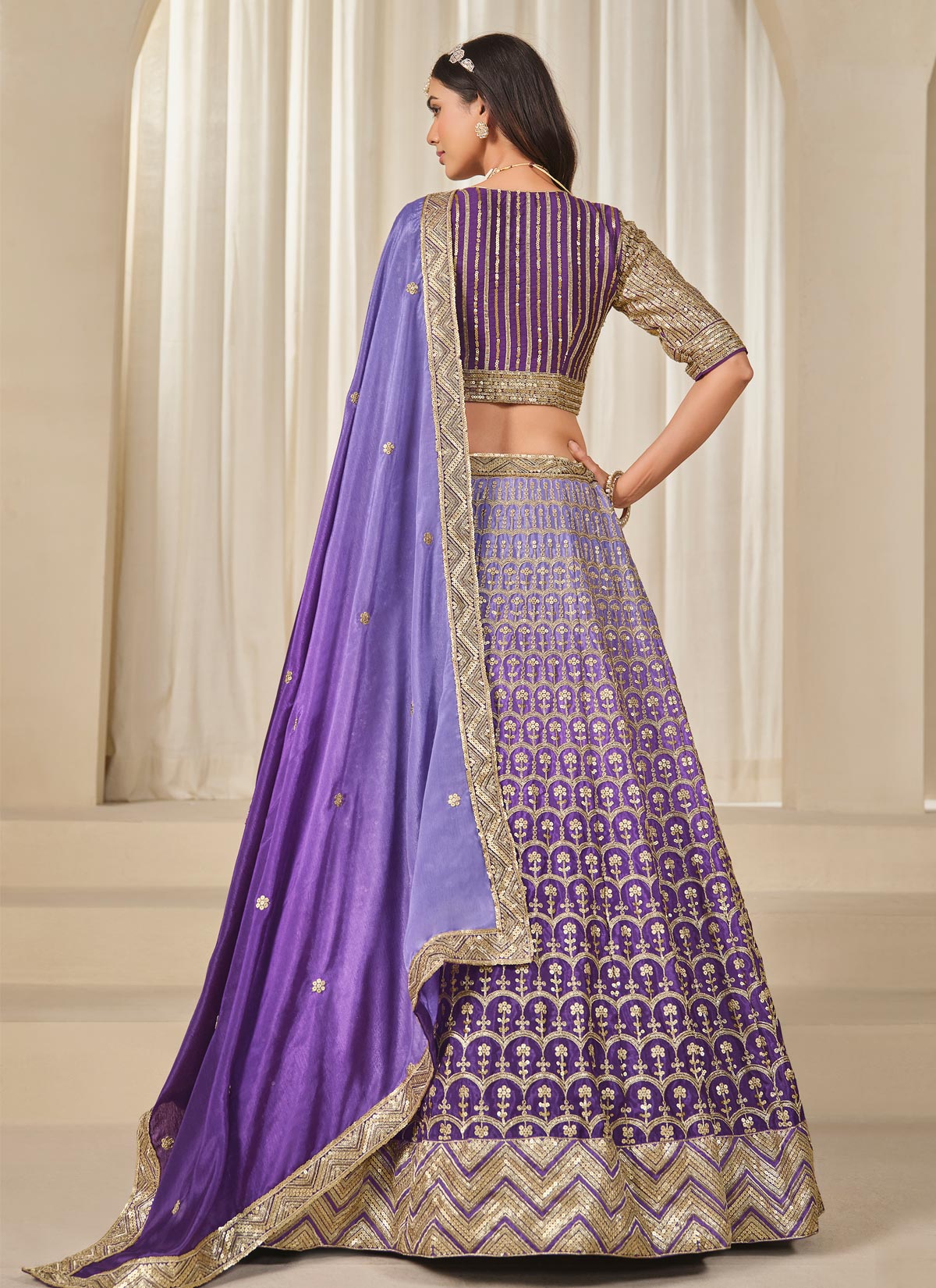 Violet Chinon Silk Designer Lehenga Choli With Embroidered Work For Party