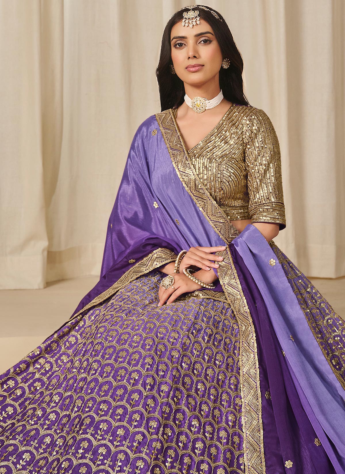 Violet Chinon Silk Designer Lehenga Choli With Embroidered Work For Party