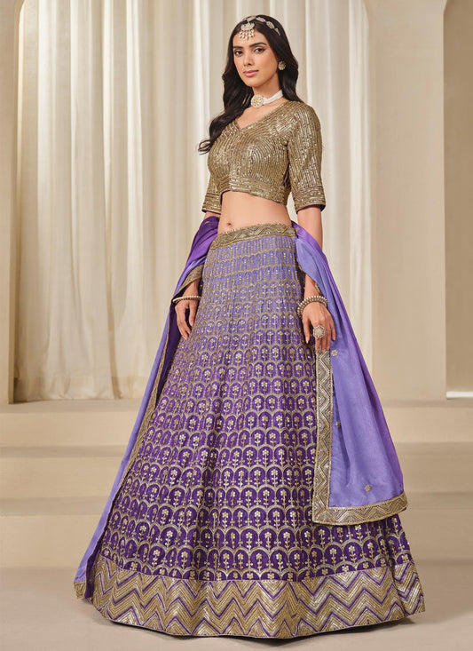 Violet Chinon Silk Designer Lehenga Choli With Embroidered Work For Party