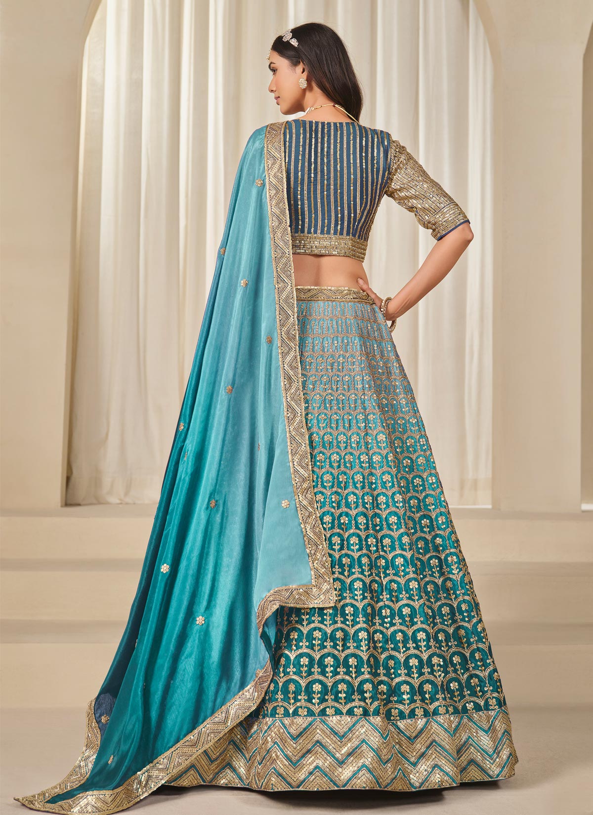 Teal Chinon SIlk Resham Work Trendy Lehenga Choli For Women