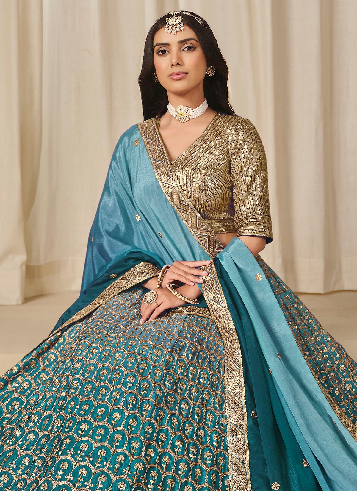 Teal Chinon SIlk Resham Work Trendy Lehenga Choli For Women
