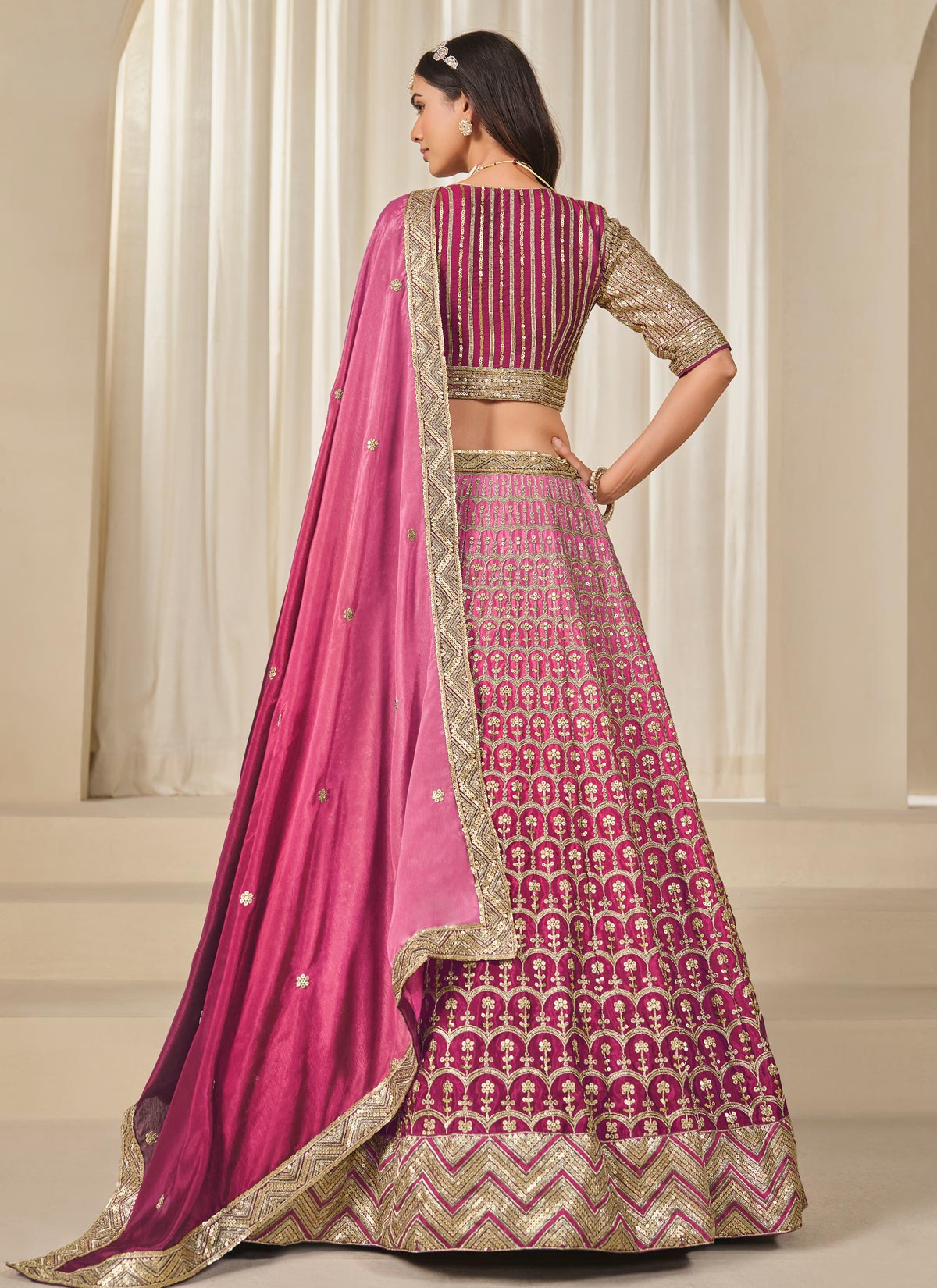 Embroidered Work Chinon Silk Trendy Lehenga Choli In Rose Pink