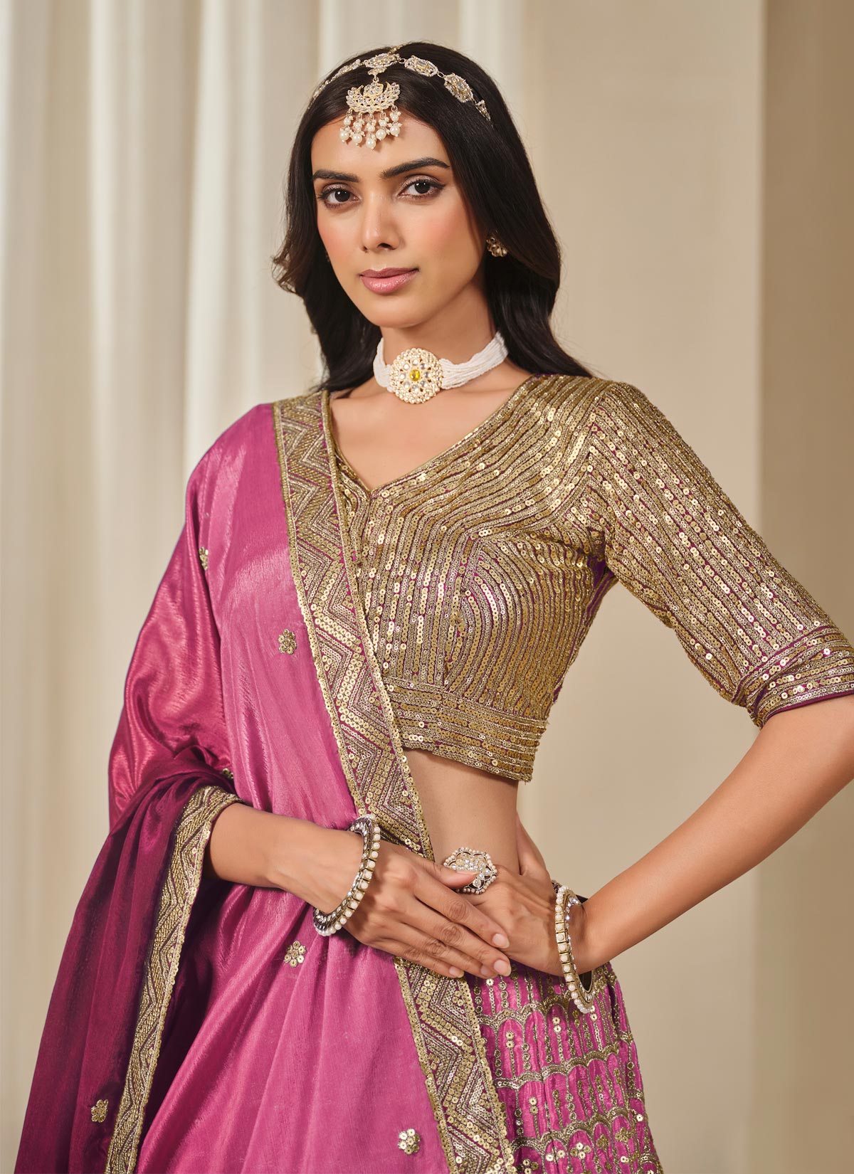 Embroidered Work Chinon Silk Trendy Lehenga Choli In Rose Pink