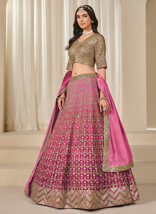 Embroidered Work Chinon Silk Trendy Lehenga Choli In Rose Pink