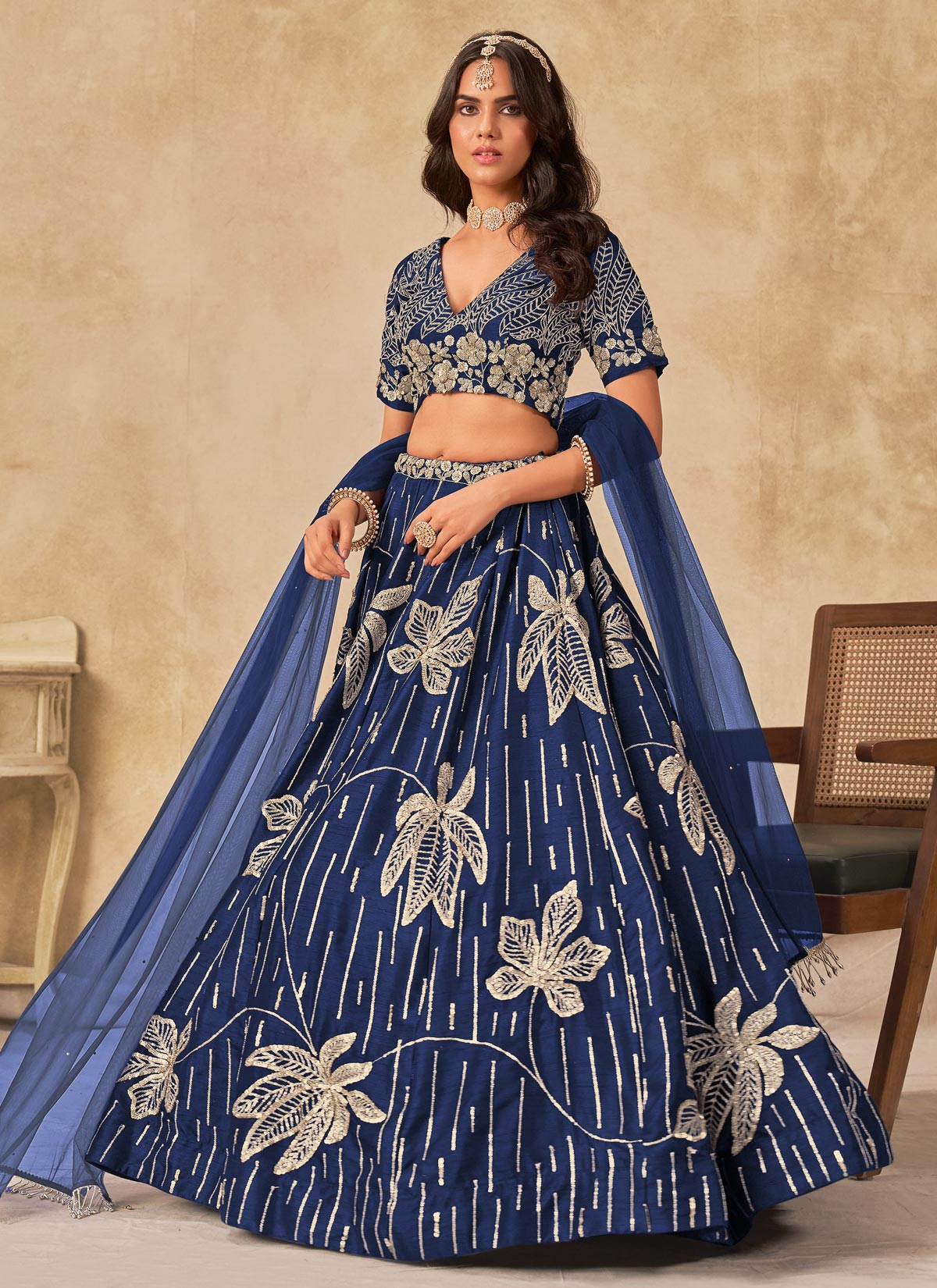 Resham Work SIlk Designer Lehenga Choli In Navy Blue For Women