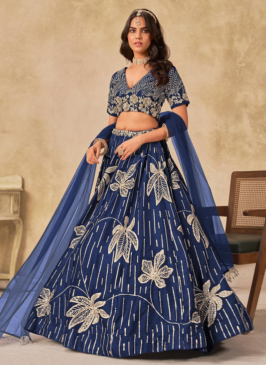 Resham Work SIlk Designer Lehenga Choli In Navy Blue For Women