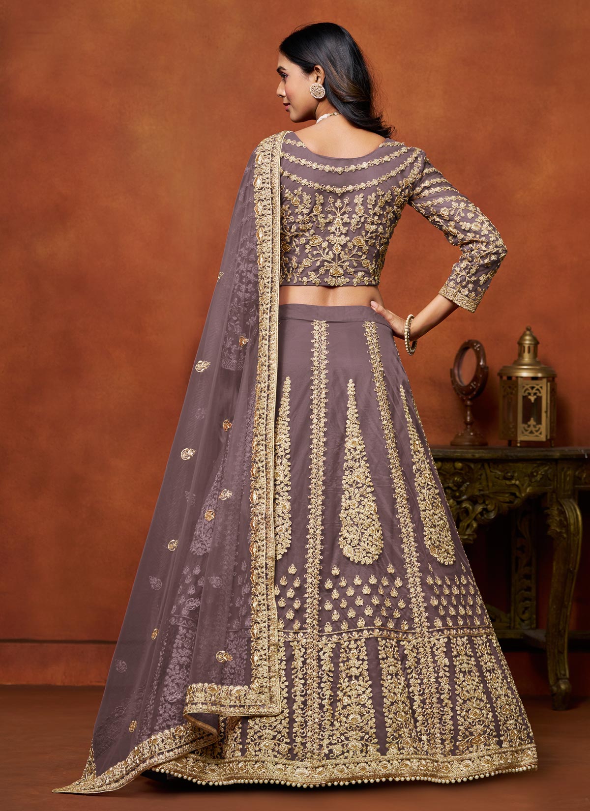 Net Designer Lehenga Choli With Zari Work For Wedding In Violet