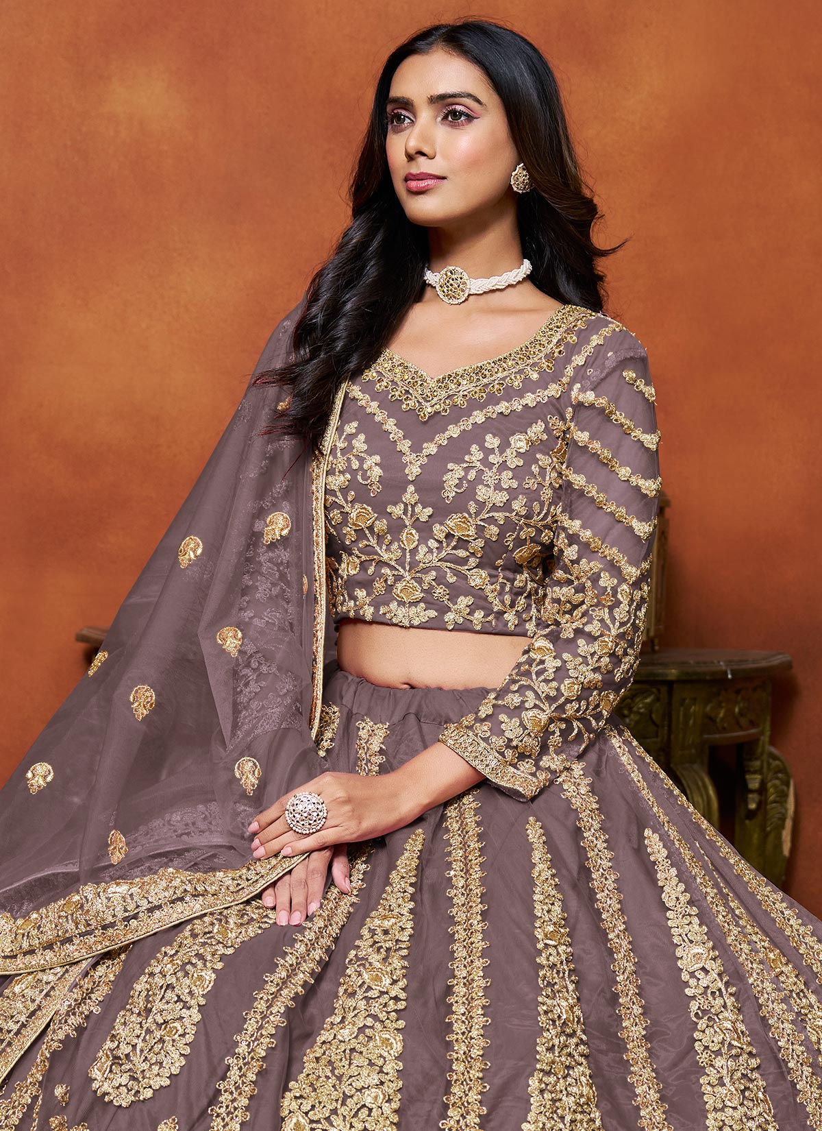 Net Designer Lehenga Choli With Zari Work For Wedding In Violet