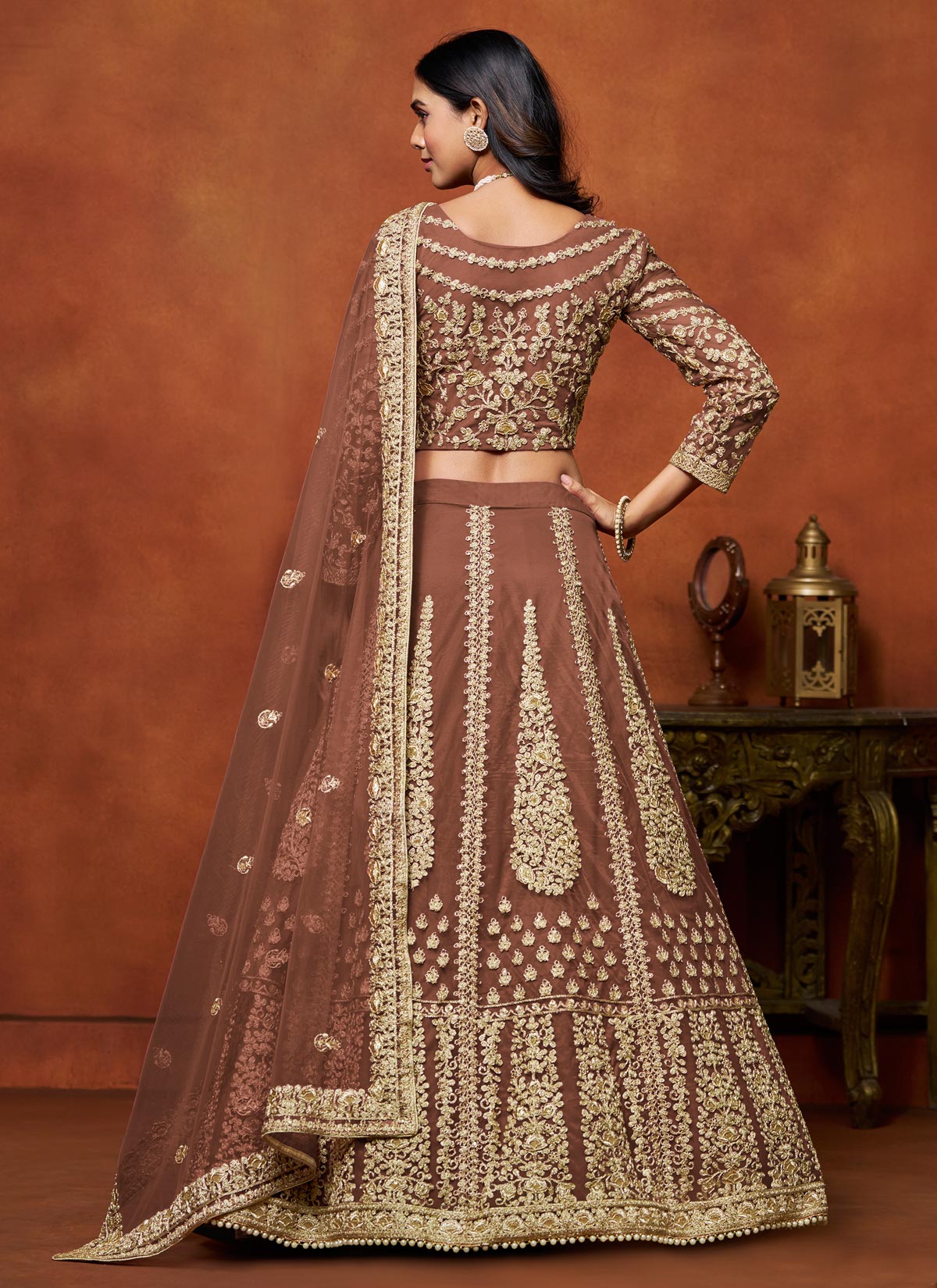 Resham Work Net Trendy Lehenga Choli In Brown For Women