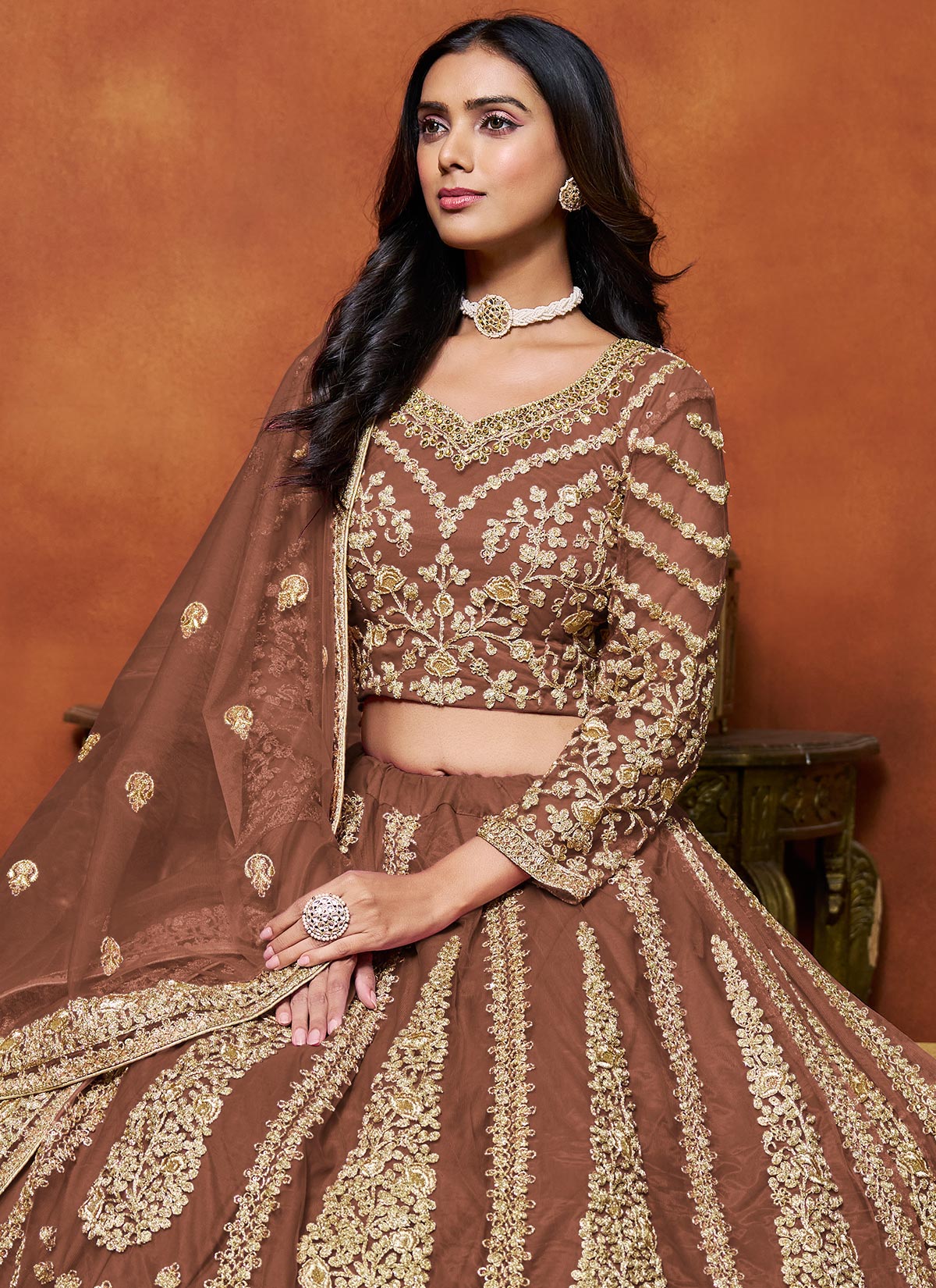 Resham Work Net Trendy Lehenga Choli In Brown For Women