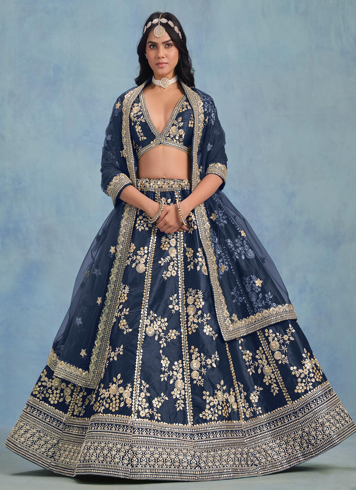 Sequins Work Designer Lehenga Choli For Party In Navy Blue