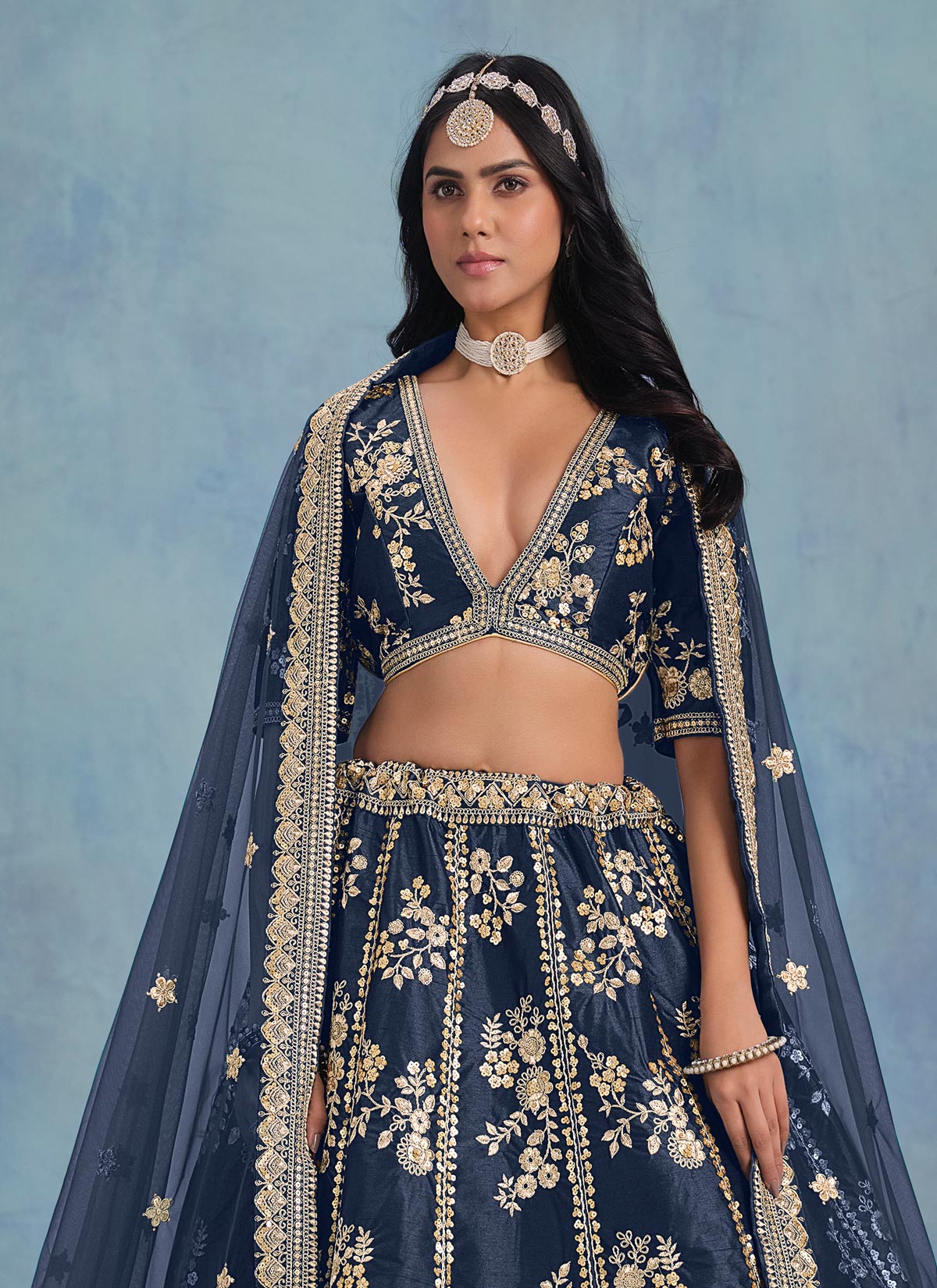 Sequins Work Designer Lehenga Choli For Party In Navy Blue