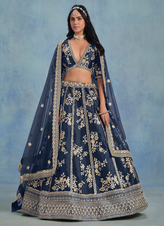 Sequins Work Designer Lehenga Choli For Party In Navy Blue