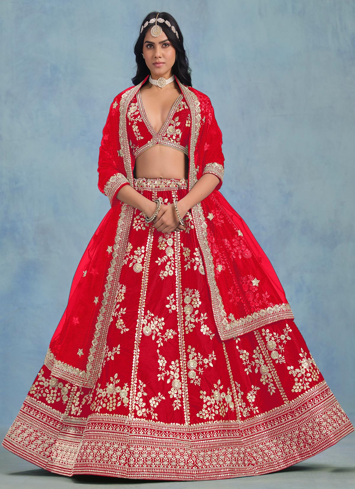 Embroidered Work Silk Trendy Lehenga Choli In Red For Women