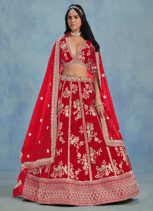Embroidered Work Silk Trendy Lehenga Choli In Red For Women