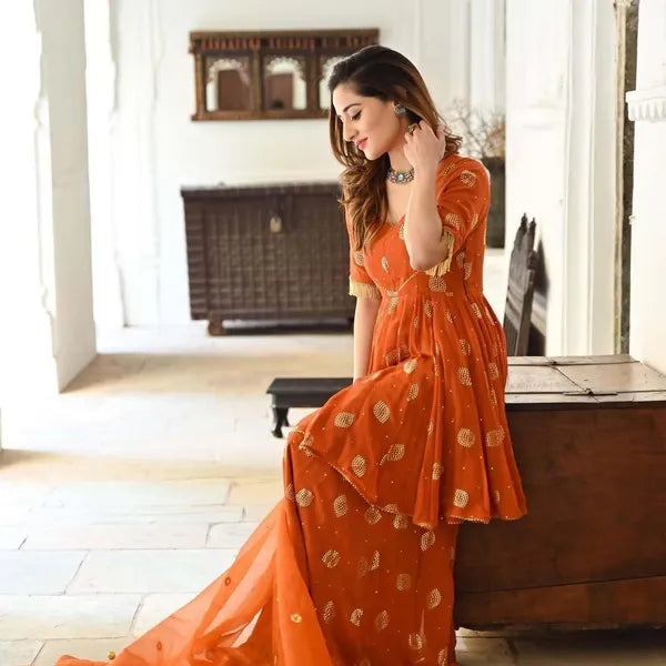 Gold Print Short Kurta and Sharara with Dupatta Set