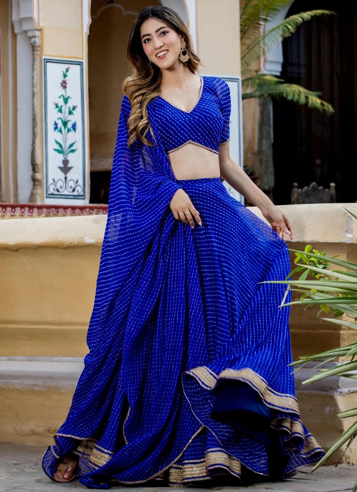 Digital Print Work Georgette Trendy Lehenga Choli In Blue