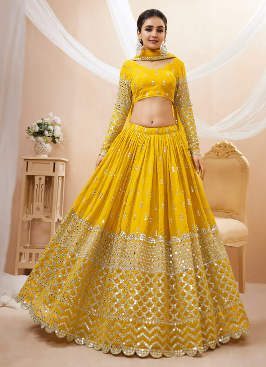 Embroidered Work Georgette Designer Lehenga Choli In Yellow