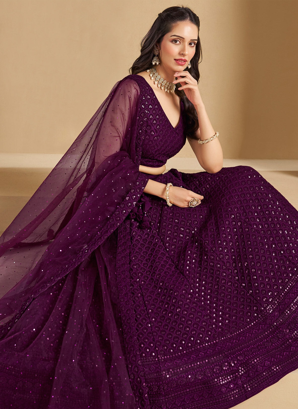 Sequins Work Georgette Trendy Lehenga Choli In Purple For Women