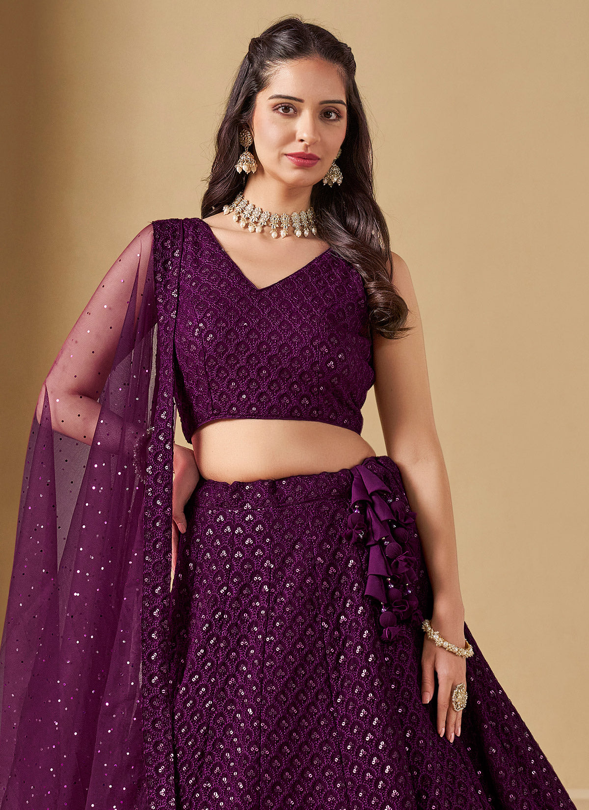 Sequins Work Georgette Trendy Lehenga Choli In Purple For Women