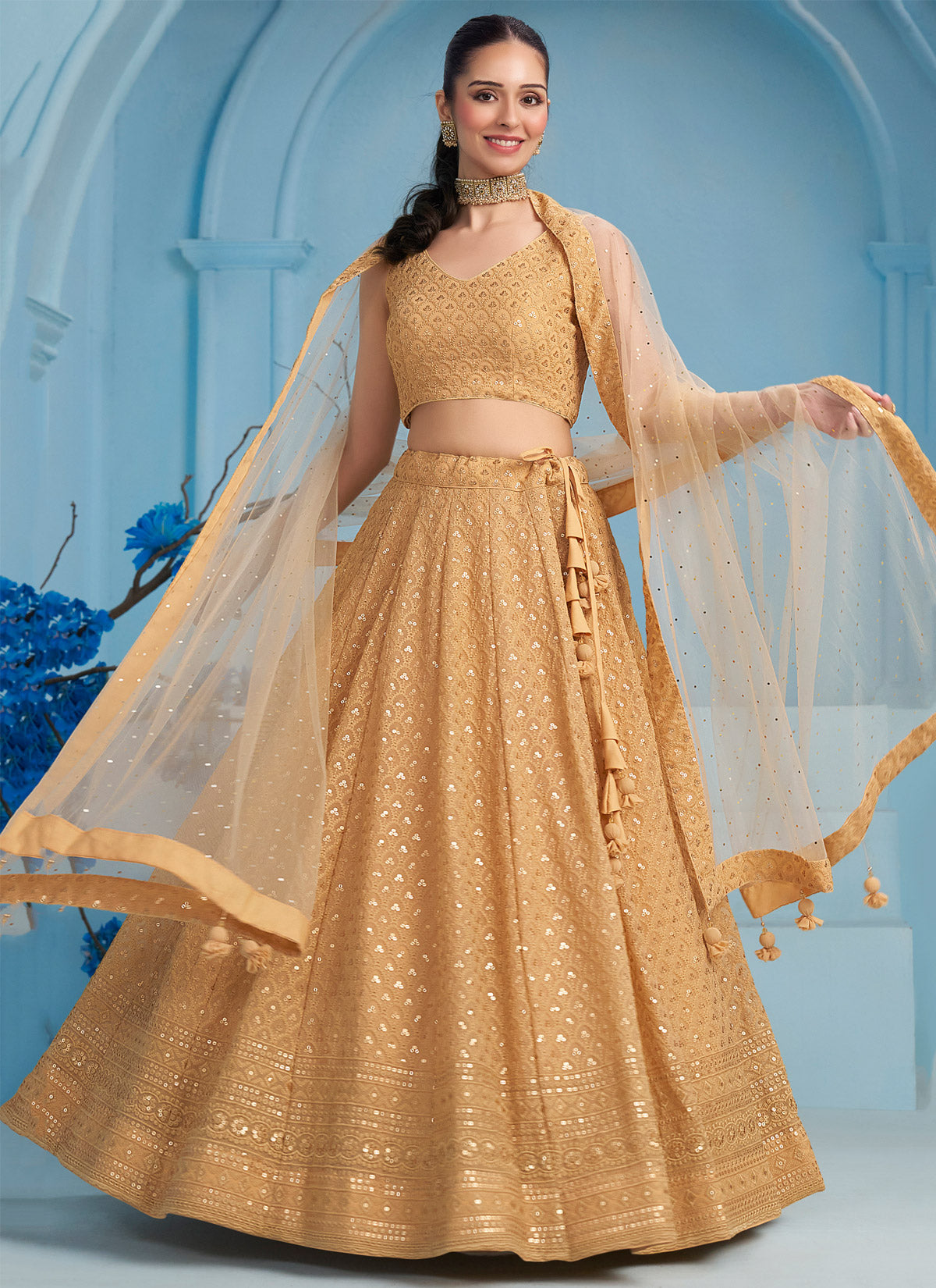 Georgette Trendy Lehenga Choli In Beige With Sequins Work