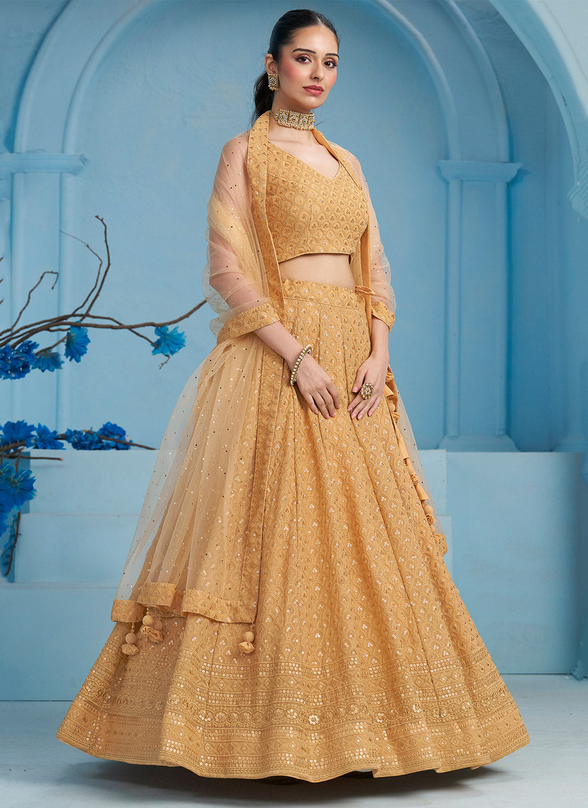 Georgette Trendy Lehenga Choli In Beige With Sequins Work