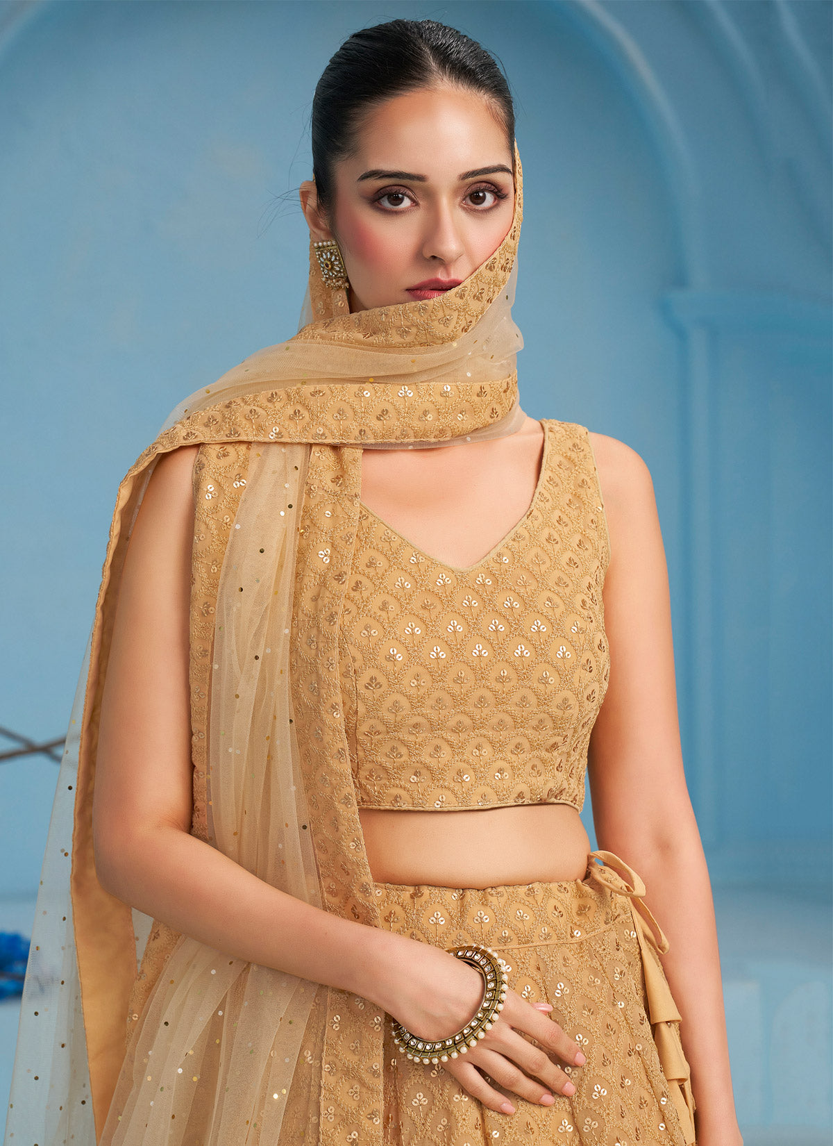 Georgette Trendy Lehenga Choli In Beige With Sequins Work