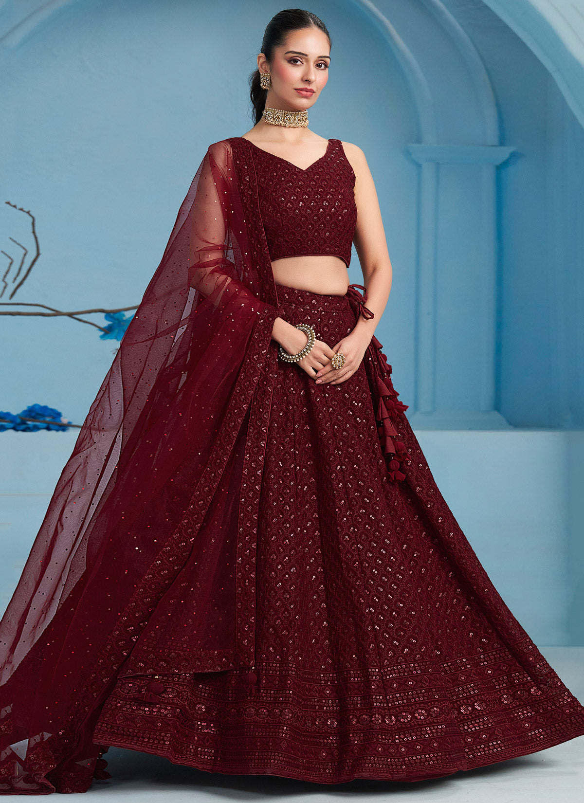 Georgette Designer Lehenga Choli With Embroidered Work In Maroon