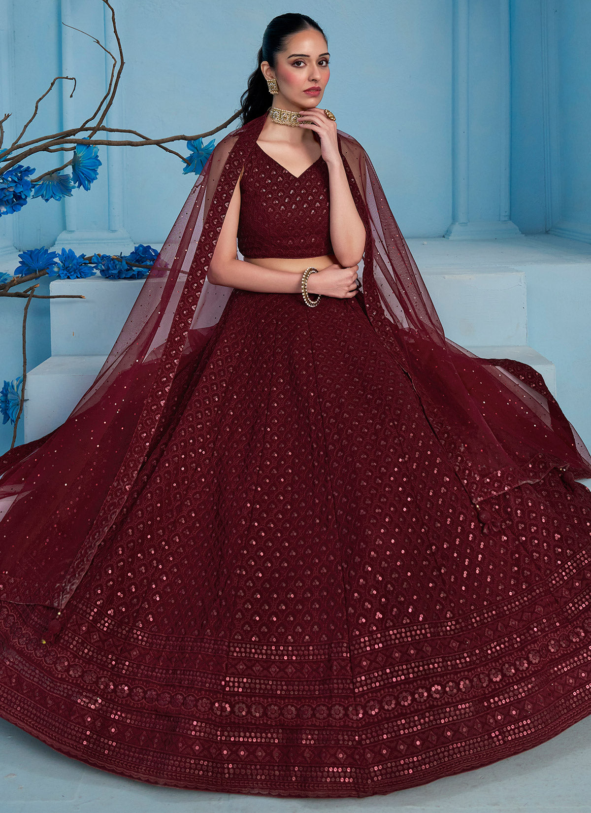 Georgette Designer Lehenga Choli With Embroidered Work In Maroon