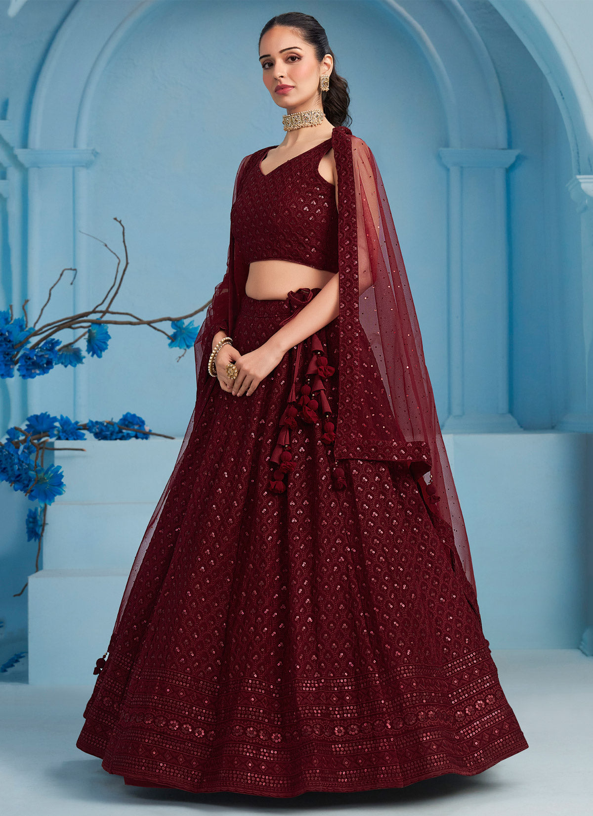 Georgette Designer Lehenga Choli With Embroidered Work In Maroon