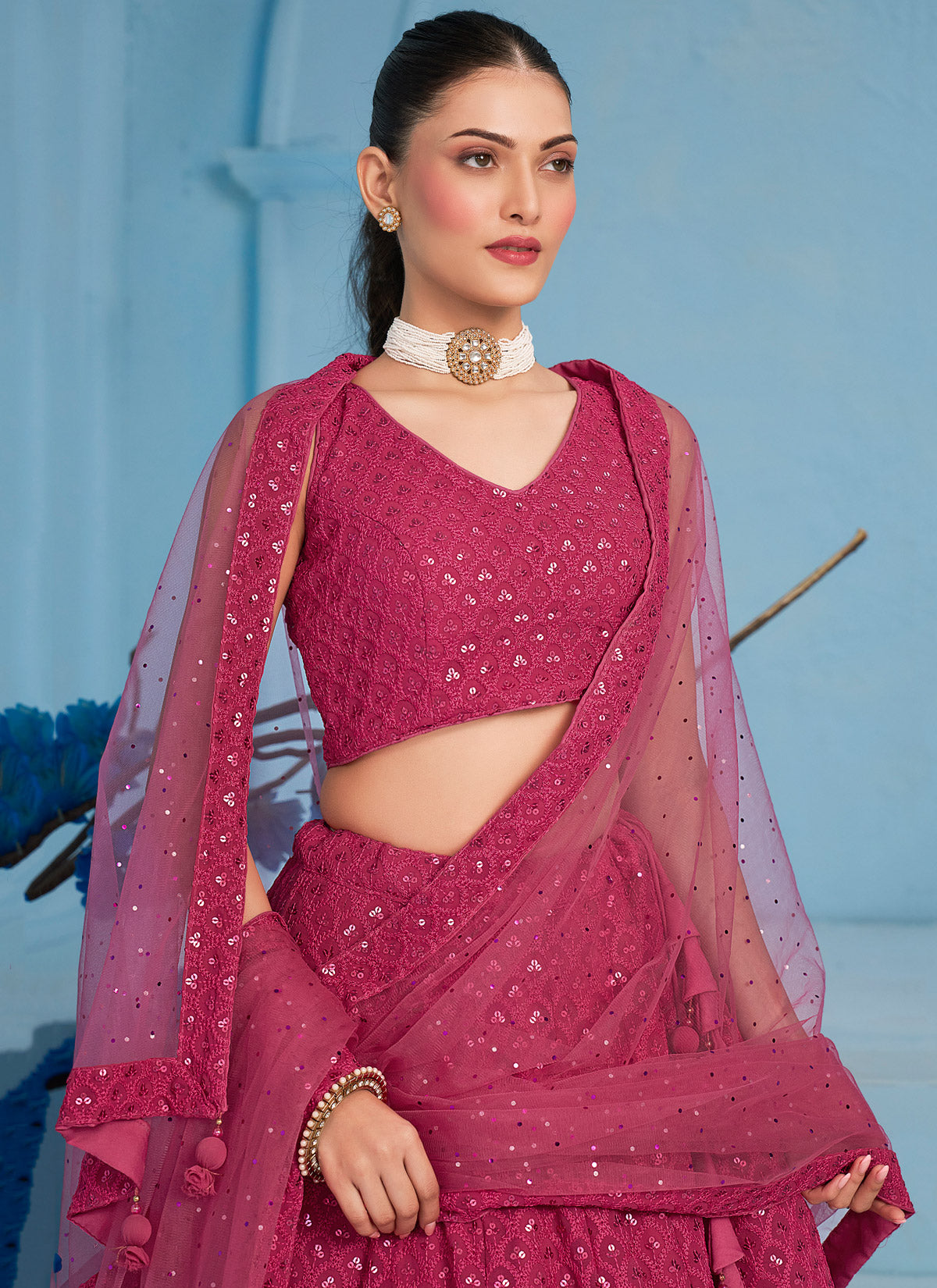 Rose Pink Georgette Designer Lehenga Choli With Embroidered Work