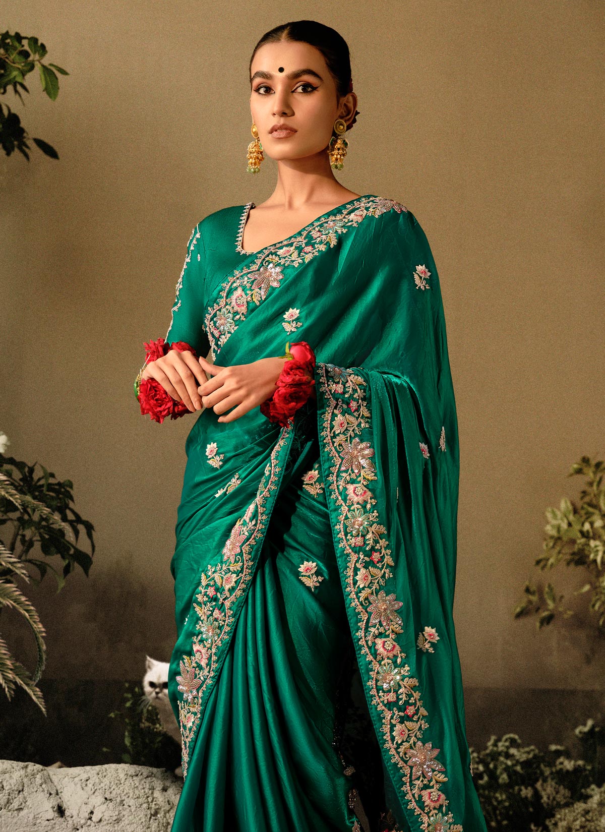 Tissue Silk Trendy Saree With Beads Work For Festival In Green