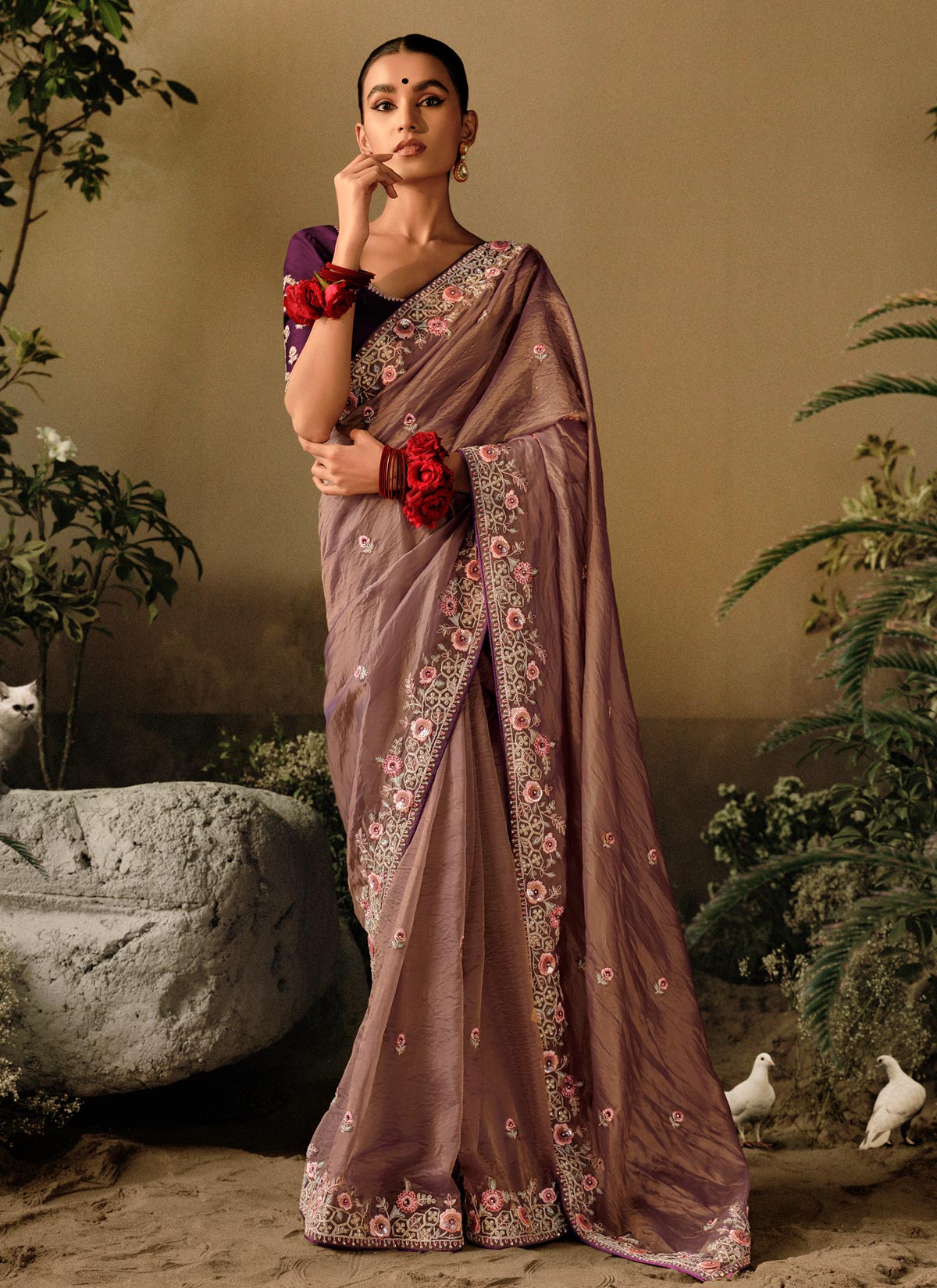 Stones Work Tissue Silk Trendy Saree In Brown For Women