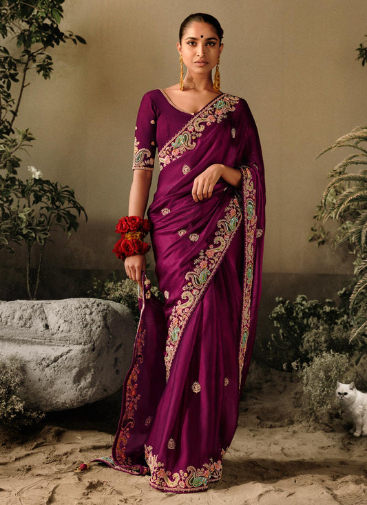 Embroidered Work Trendy Saree For Wedding In Purple