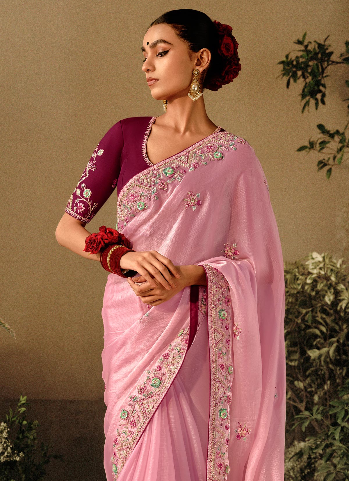 Tissue Silk Trendy Saree With Resham Work For Party In Pink