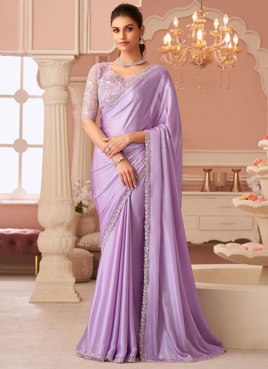 Shimmer Silk Trendy Saree In Violet With Embroidered Work