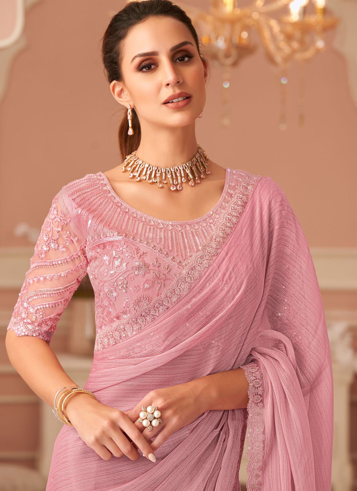 Sequins Work Trendy Saree For Festival In Pink