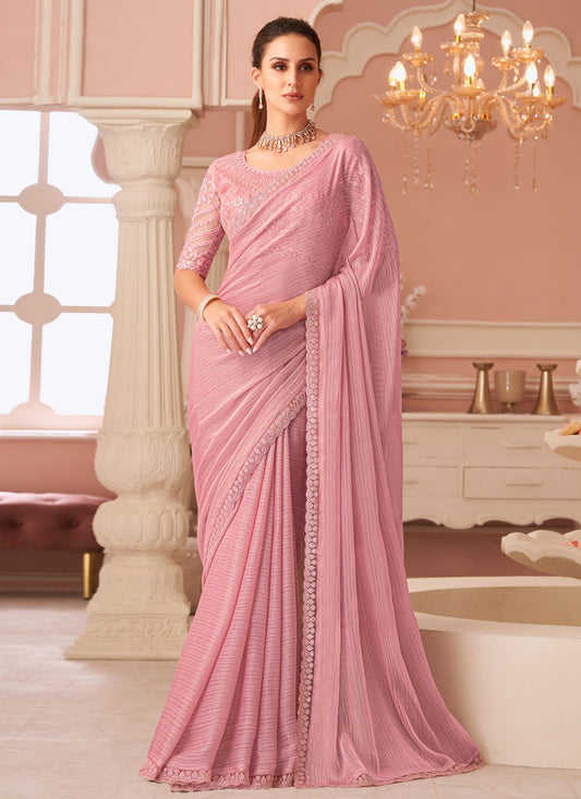 Sequins Work Trendy Saree For Festival In Pink