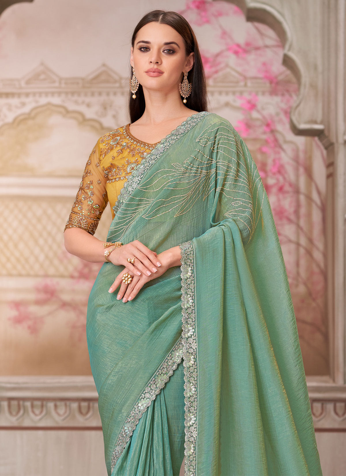 Satin Silk Traditional Saree In Sea Green With Sequins Work