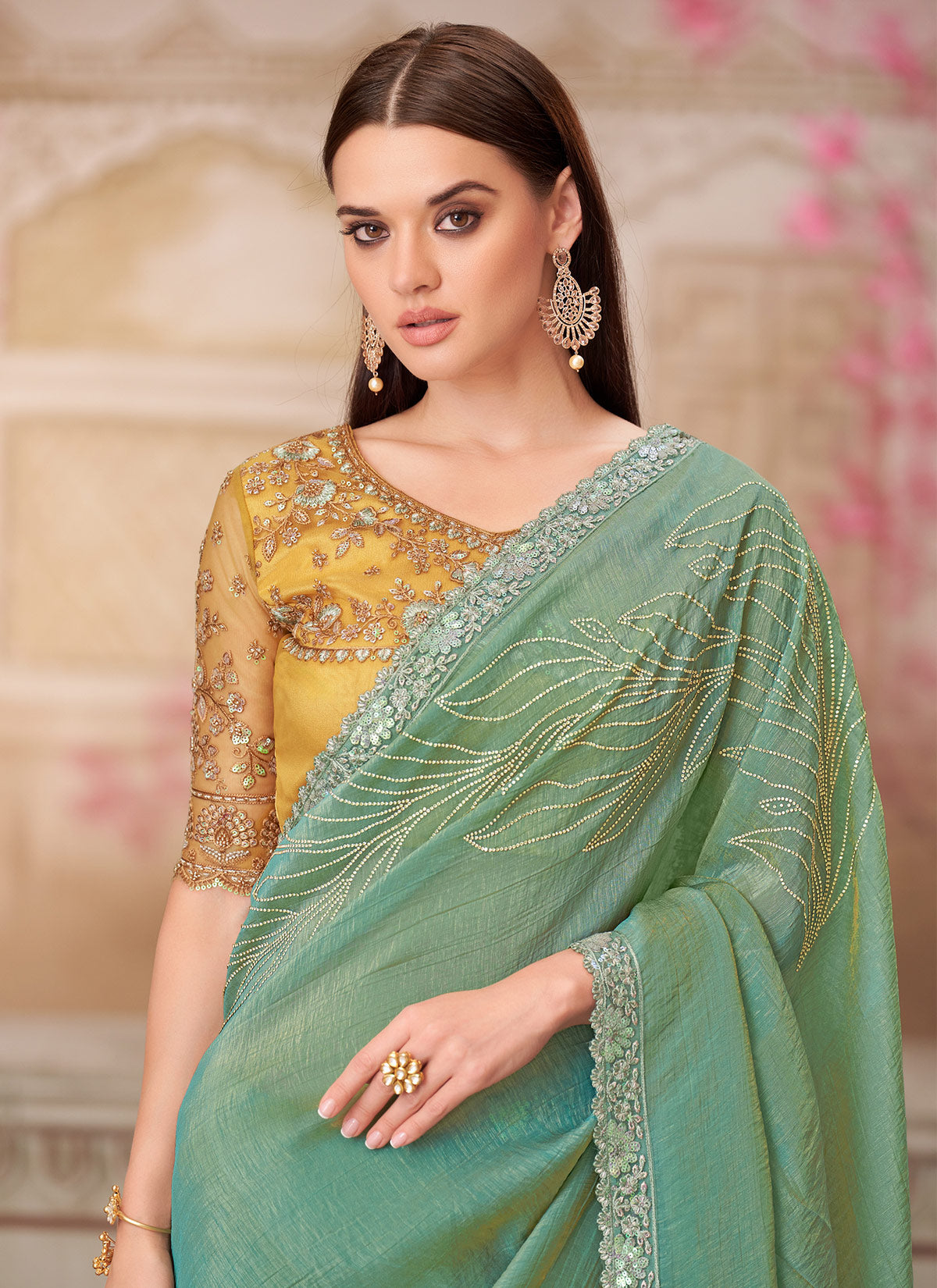 Satin Silk Traditional Saree In Sea Green With Sequins Work