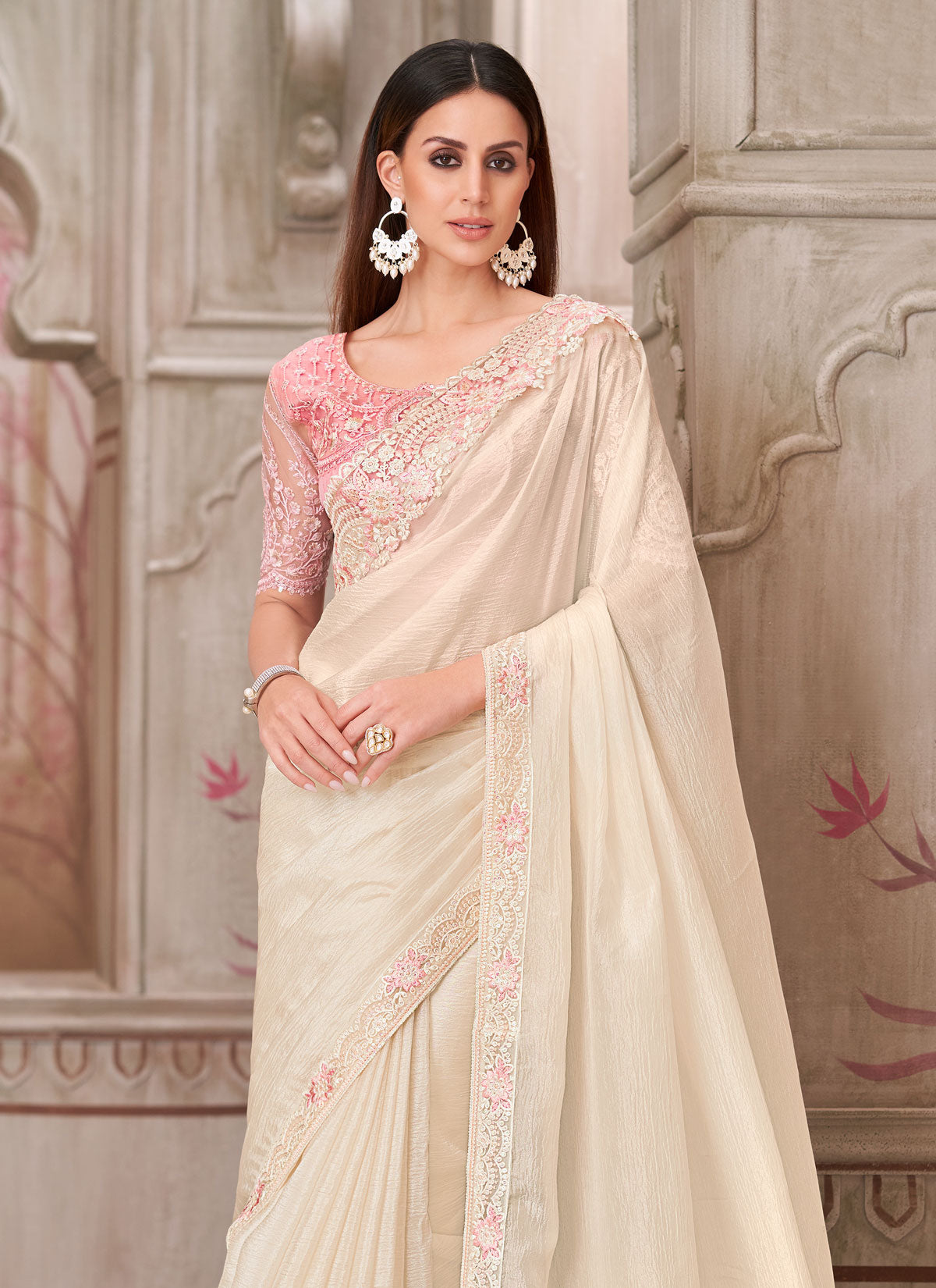 Satin Silk Traditional Saree With Resham Work In Off White