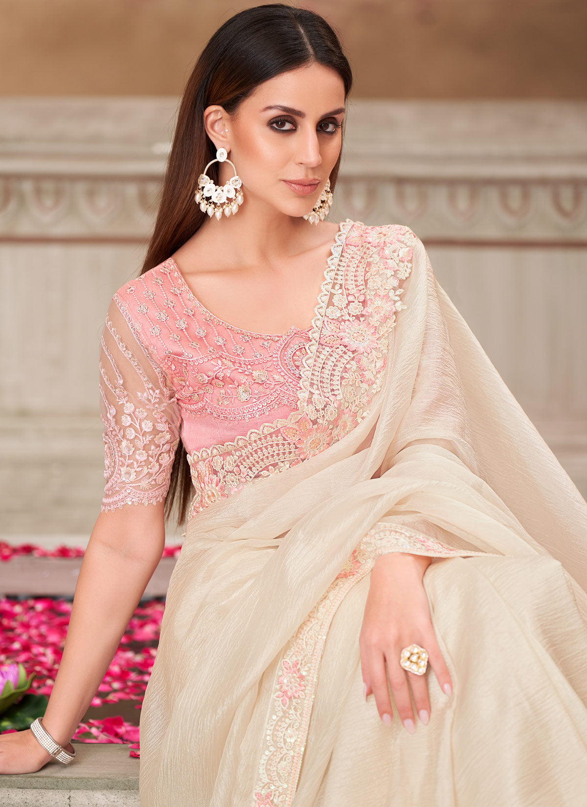 Satin Silk Traditional Saree With Resham Work In Off White