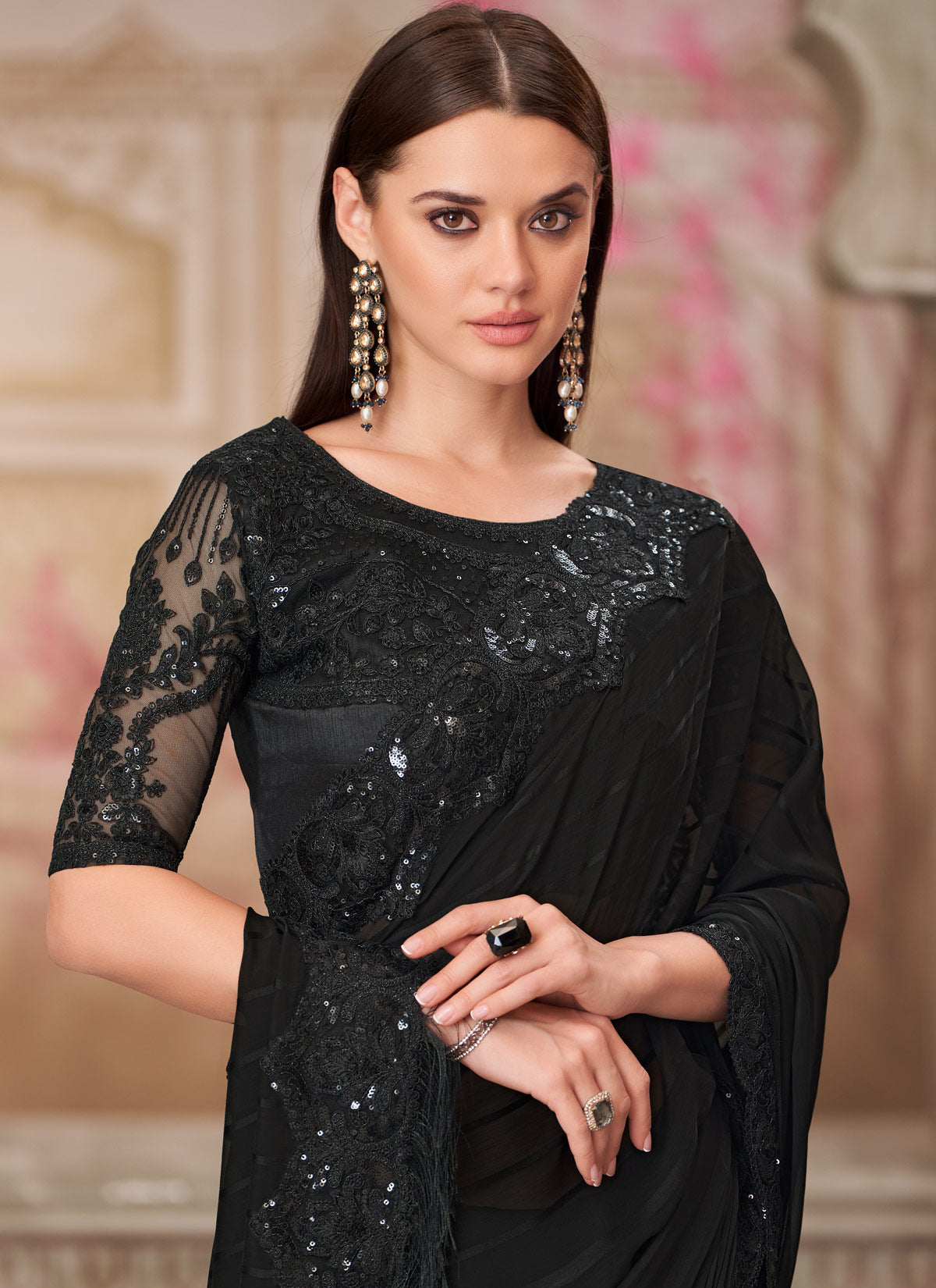 Georgette Traditional Saree In Black With Resham Work